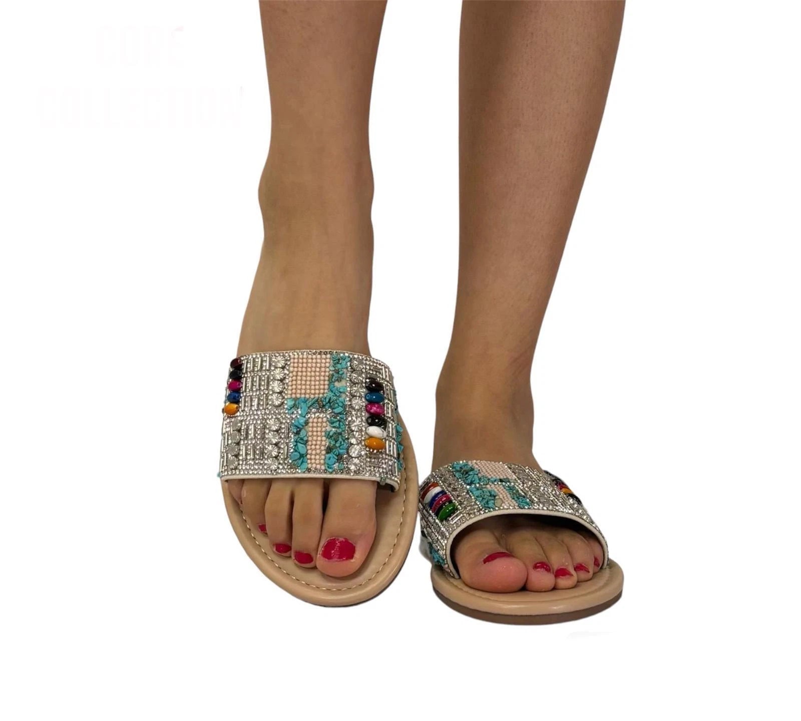 Sienna Women's Rhinestone Beaded Slide Sandals | Boho Slip-On Flat Mules