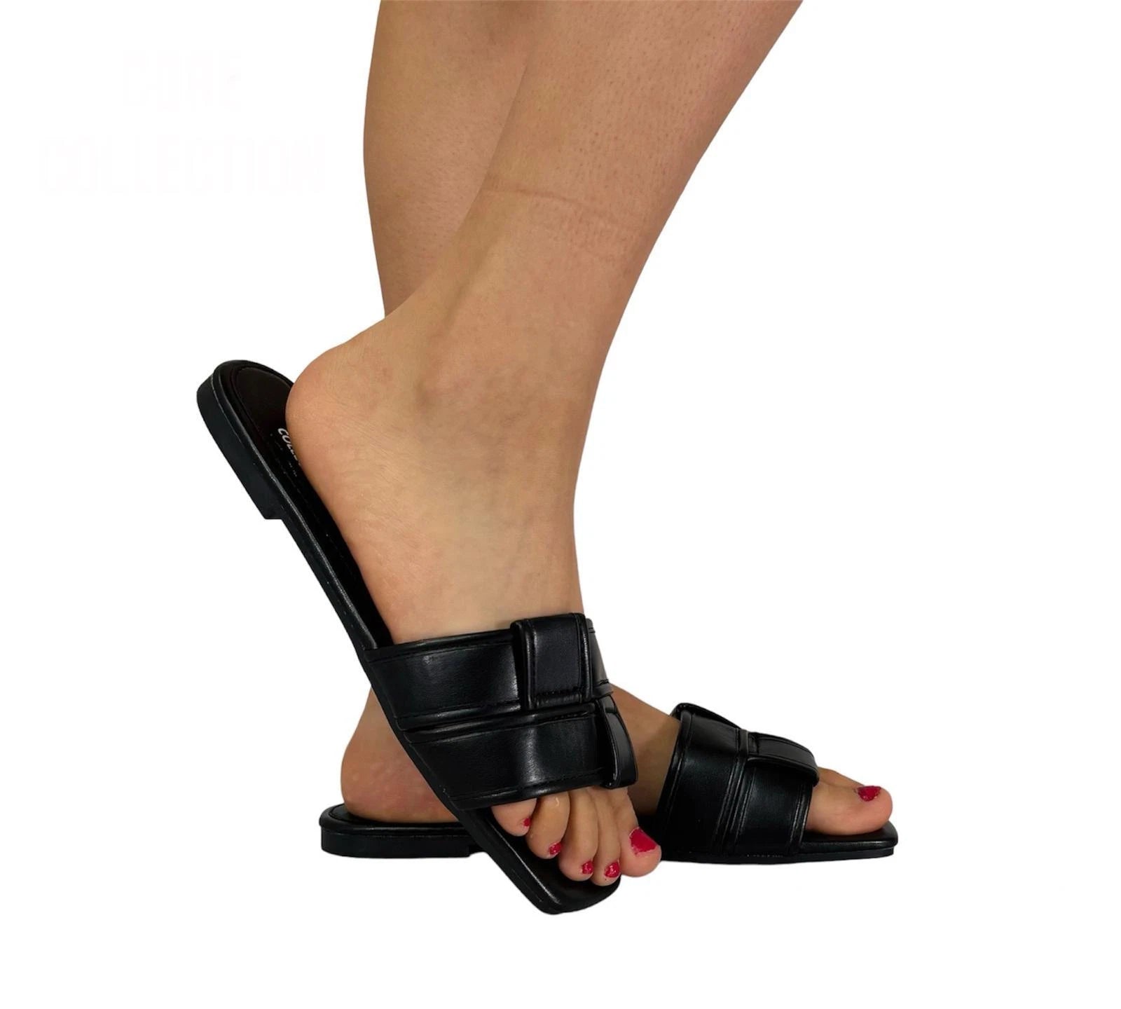 Olivia Ladies Faux Leather Slide Sandals | Interwoven Open Toe Mules