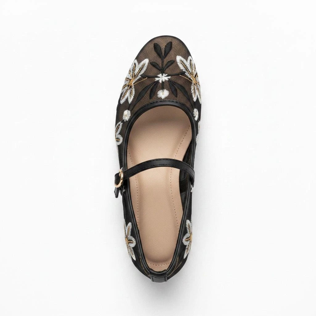 Lily Women's Sheer Mesh Flat Pumps | Floral Embroidered Mary Janes