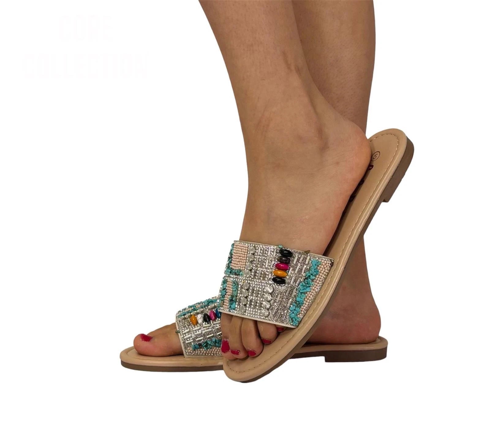 Sienna Women's Rhinestone Beaded Slide Sandals | Boho Slip-On Flat Mules