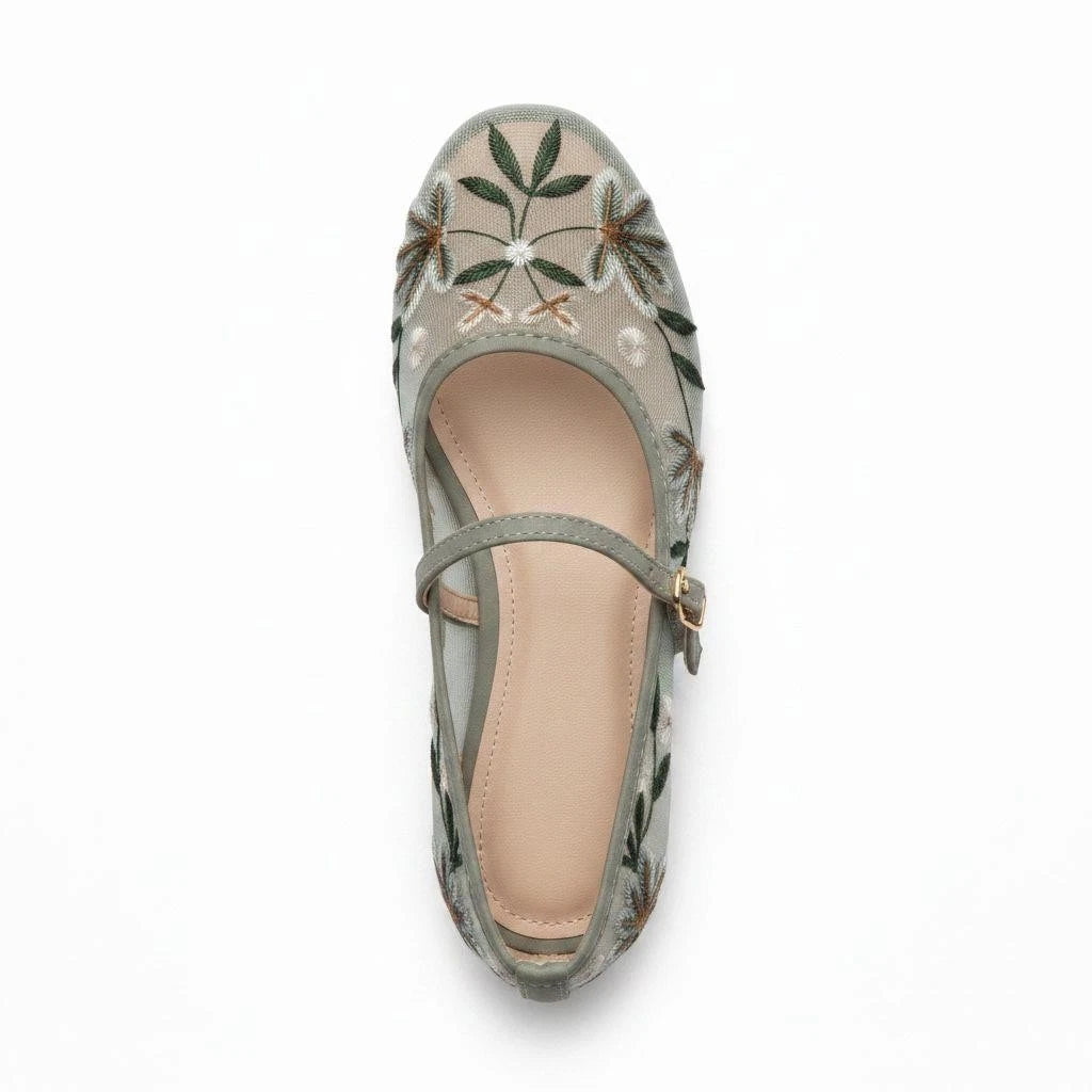 Lily Women's Sheer Mesh Flat Pumps | Floral Embroidered Mary Janes