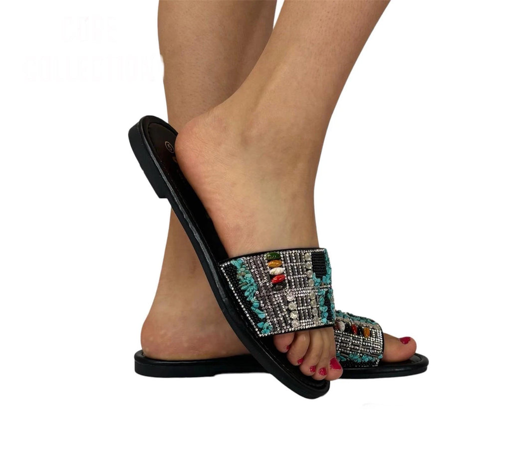 Sienna Women's Rhinestone Beaded Slide Sandals | Boho Slip-On Flat Mules