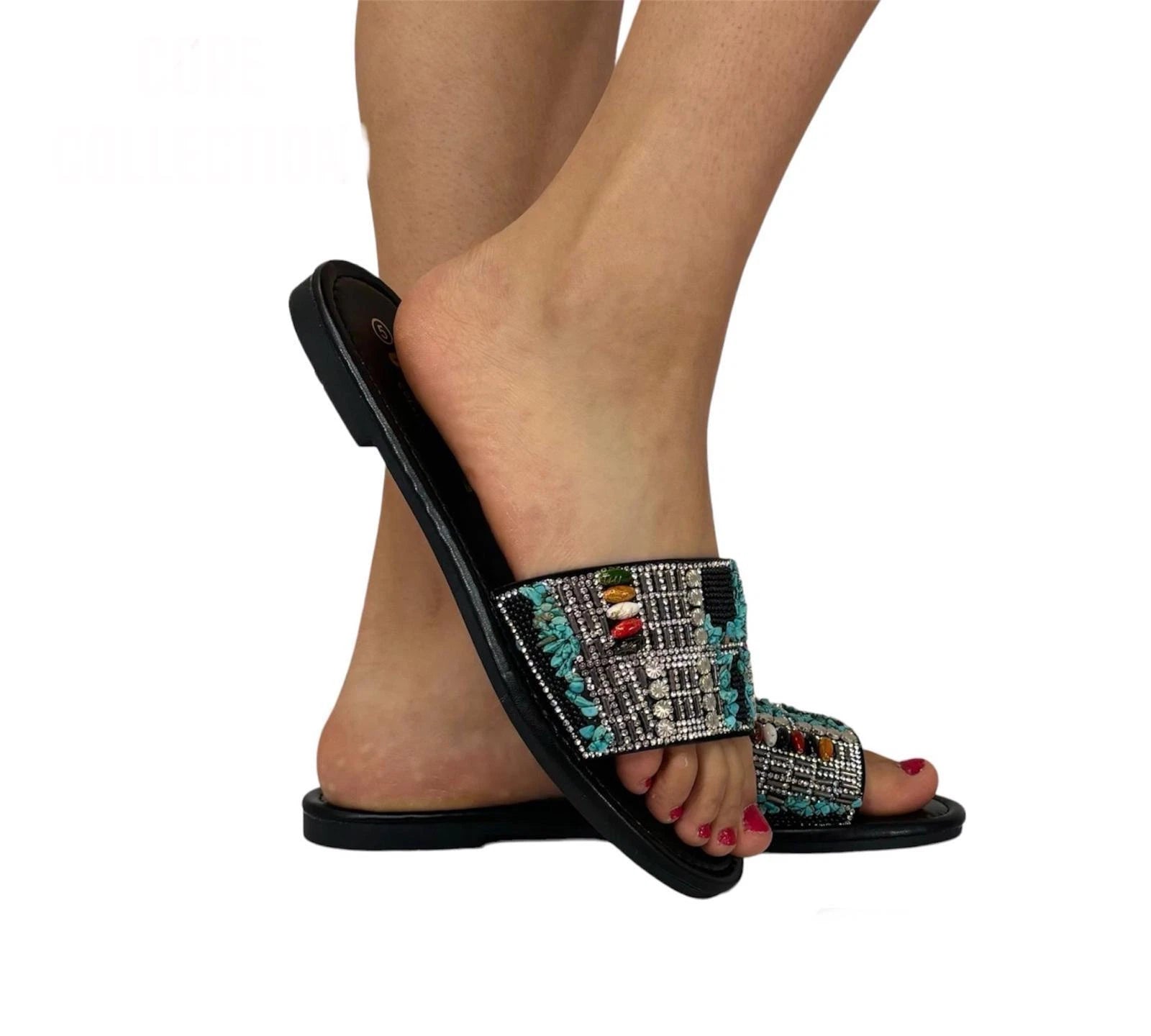 Sienna Women's Rhinestone Beaded Slide Sandals | Boho Slip-On Flat Mules