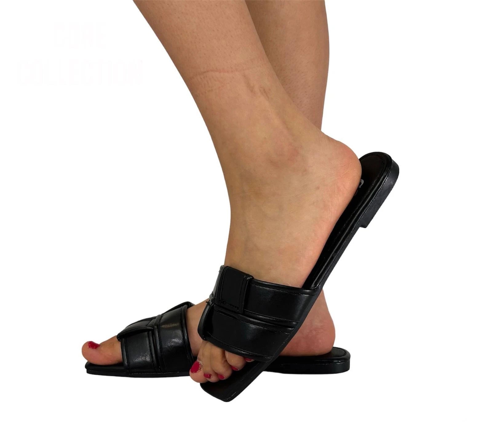 Olivia Ladies Faux Leather Slide Sandals | Interwoven Open Toe Mules