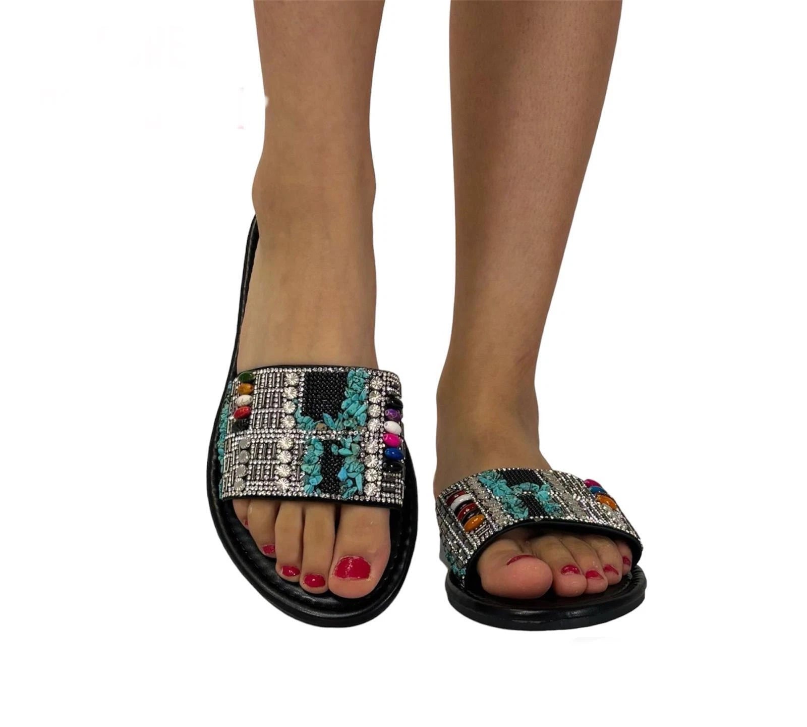 Sienna Women's Rhinestone Beaded Slide Sandals | Boho Slip-On Flat Mules