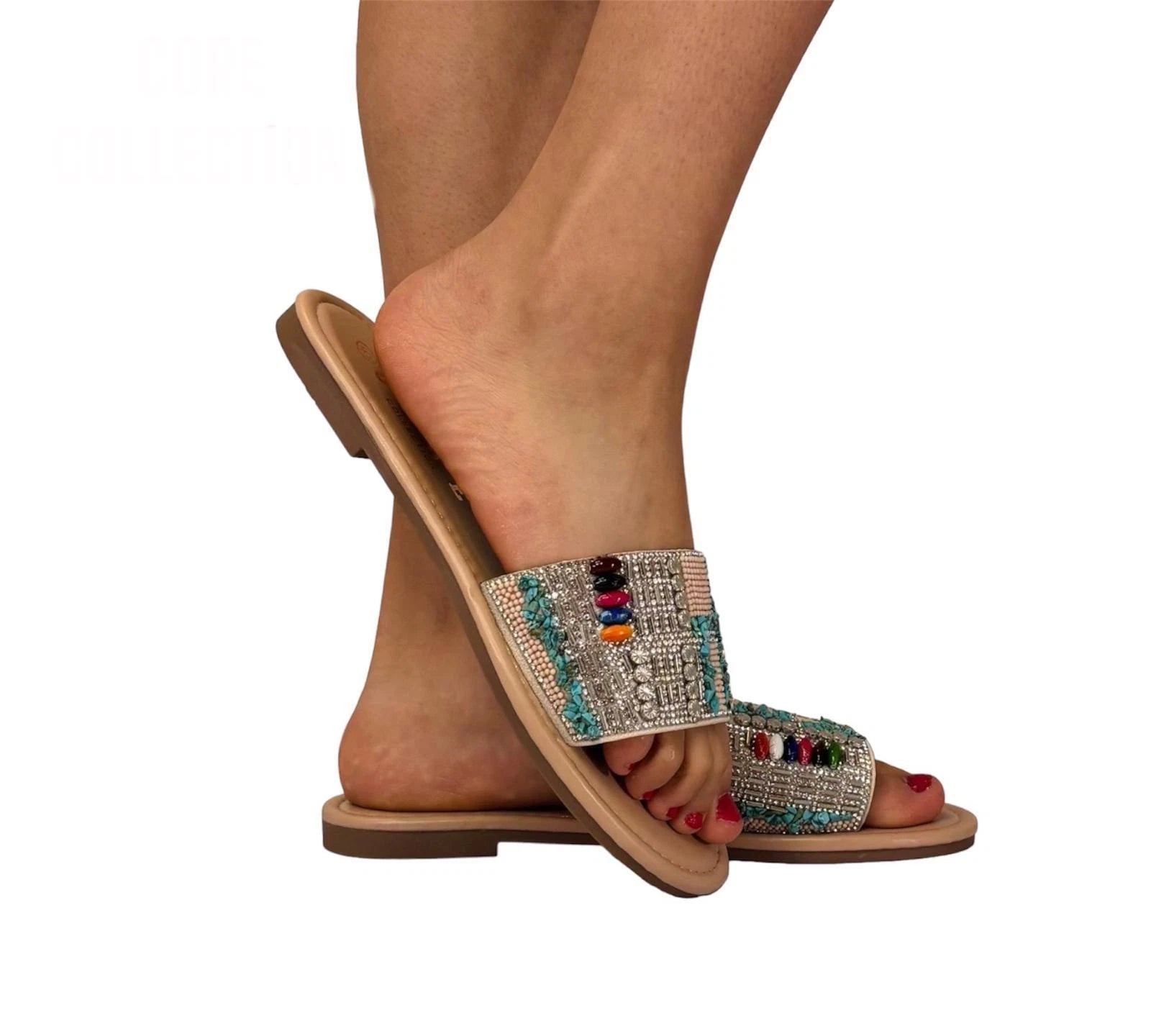 Sienna Women's Rhinestone Beaded Slide Sandals | Boho Slip-On Flat Mules