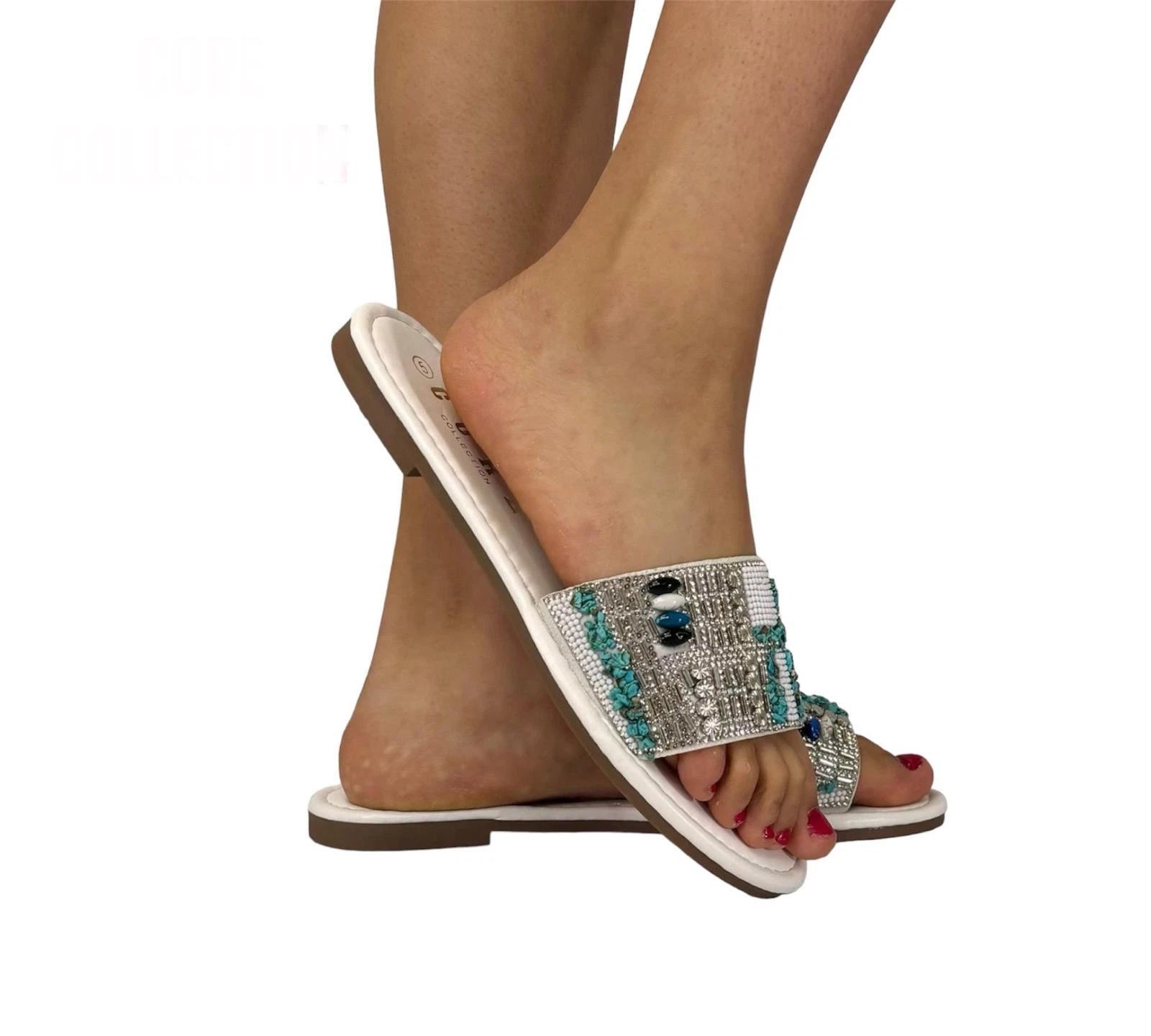 Sienna Women's Rhinestone Beaded Slide Sandals | Boho Slip-On Flat Mules