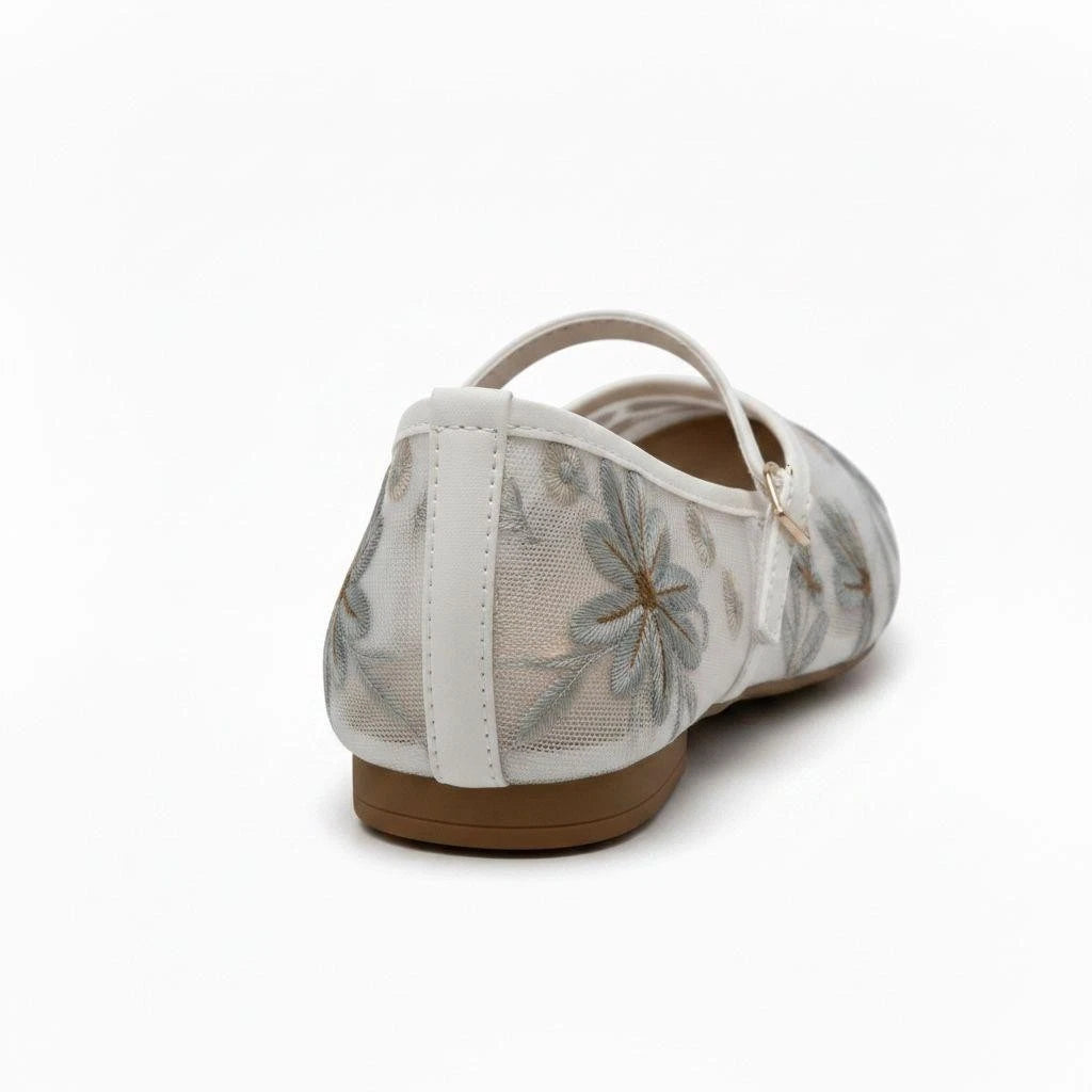 Lily Women's Sheer Mesh Flat Pumps | Floral Embroidered Mary Janes
