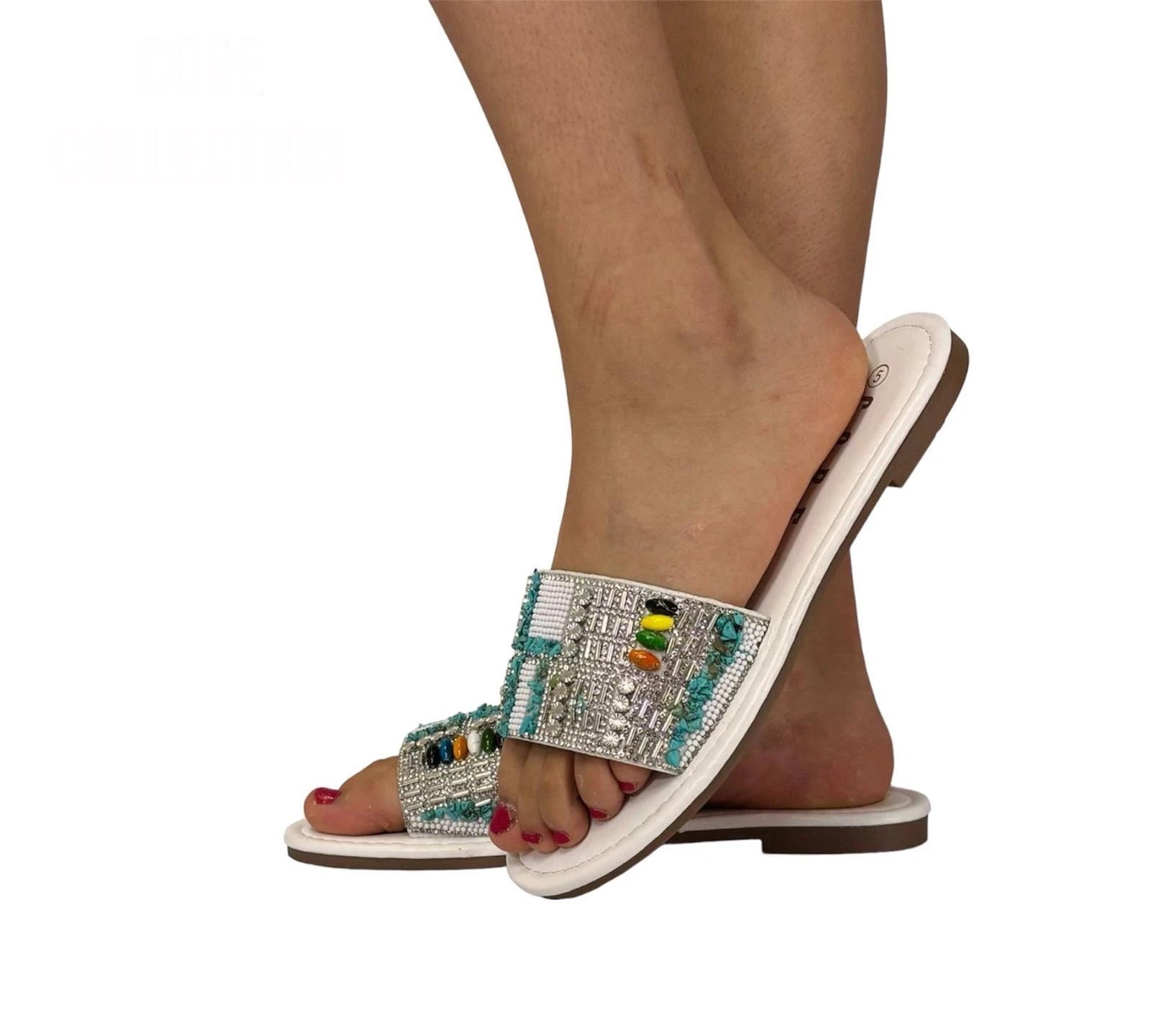 Sienna Women's Rhinestone Beaded Slide Sandals | Boho Slip-On Flat Mules
