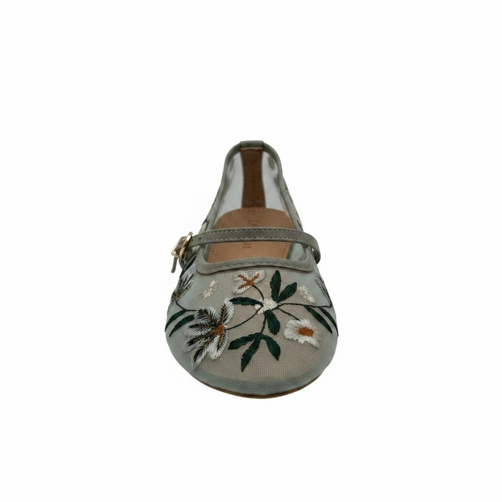 Lily Women's Sheer Mesh Flat Pumps | Floral Embroidered Mary Janes