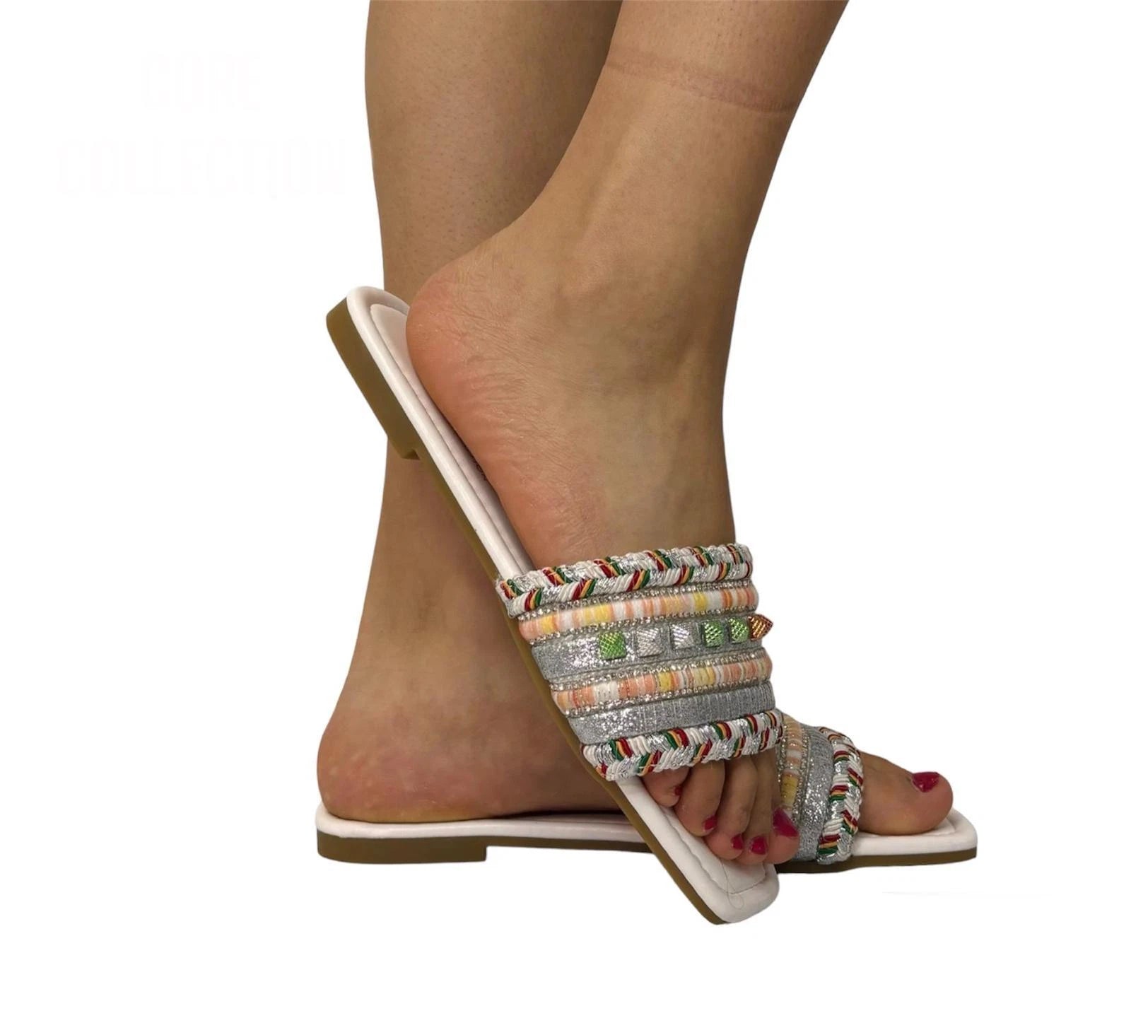Amelia Ladies Woven Tweed Flat Sandals | Boho Summer Slider Mules