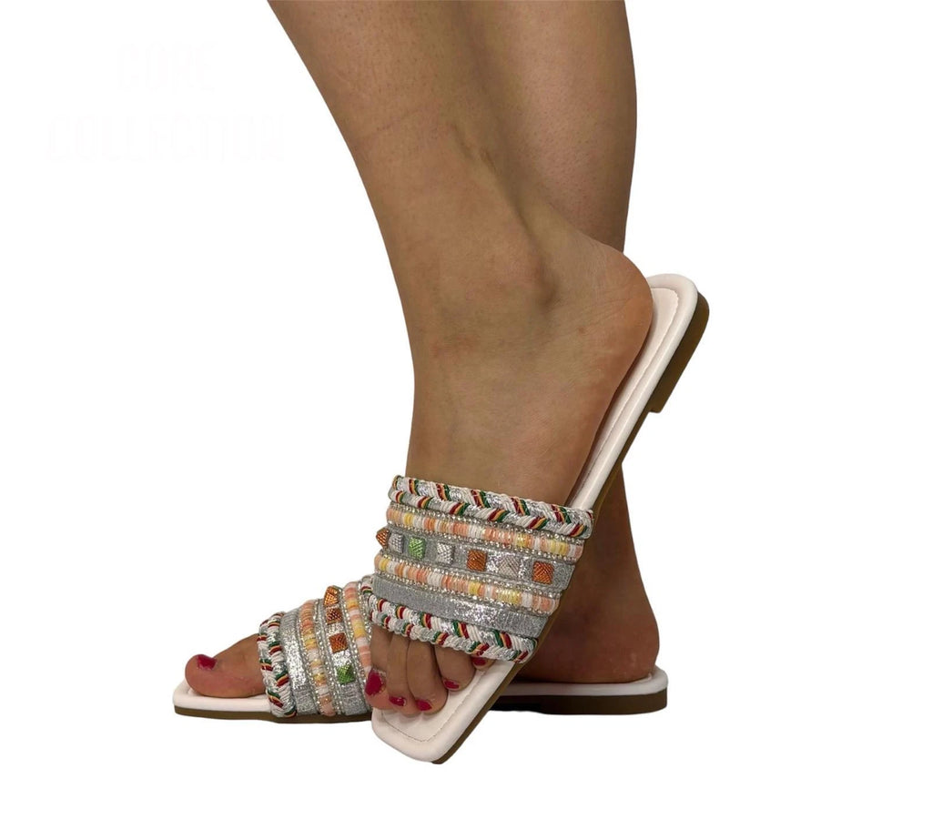 Amelia Ladies Woven Tweed Flat Sandals | Boho Summer Slider Mules